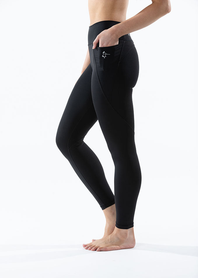 Left side view of Eva black running tights with pockets, offering a sleek design and high waistband for active wear.