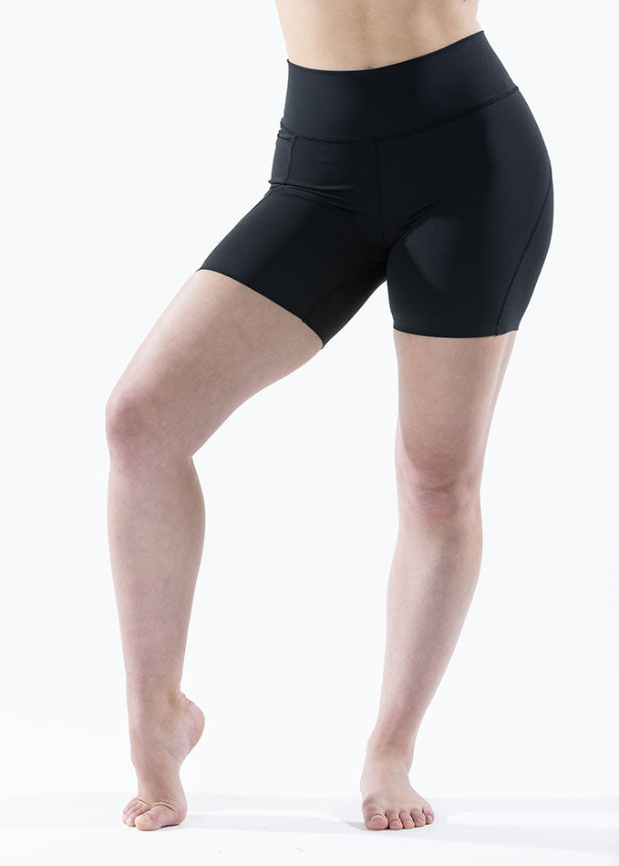 Front view of Eva black bike shorts for ladies, showcasing a sleek design and comfortable fit for cycling.