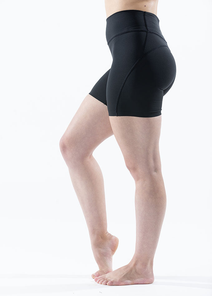 Left side view of Eva black bike shorts for ladies, highlighting a sleek design and comfortable fit for cycling.