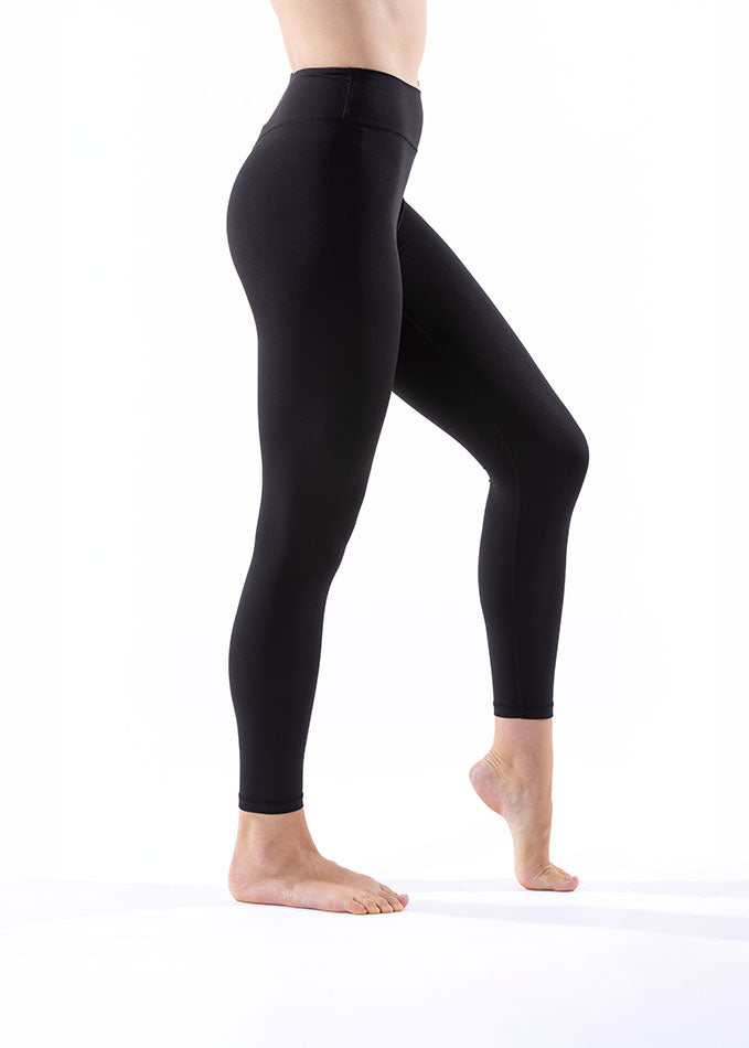 Right side view of Jodie black leggings for ladies, showcasing a sleek fit, flexibility, and comfort for dance or workouts.