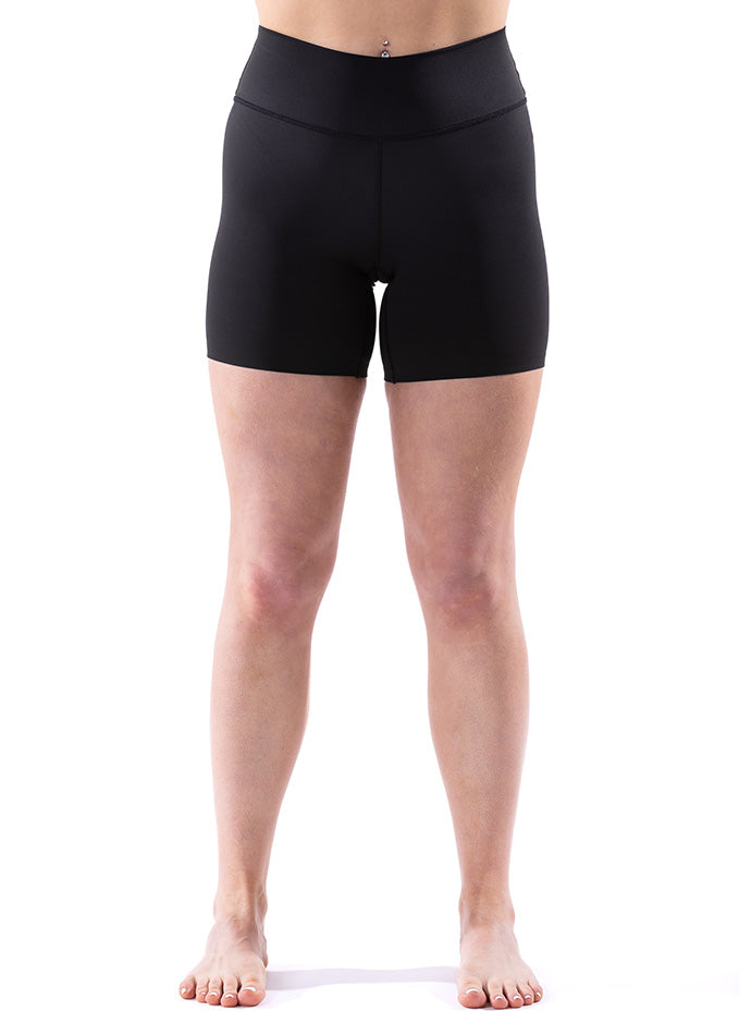 Front view of Rhythm black shorts for women, highlighting sleek design and comfortable bike fit.